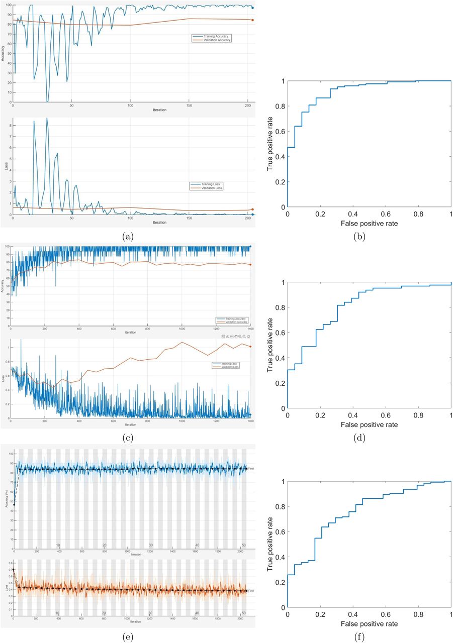 Training and validation processes and AUCs: 1D-CNN (a) and (b), LSTM (c) and (d), and BERT feature based net (e) and (f), where solid and dotted lines indicate training and validation, respectively.