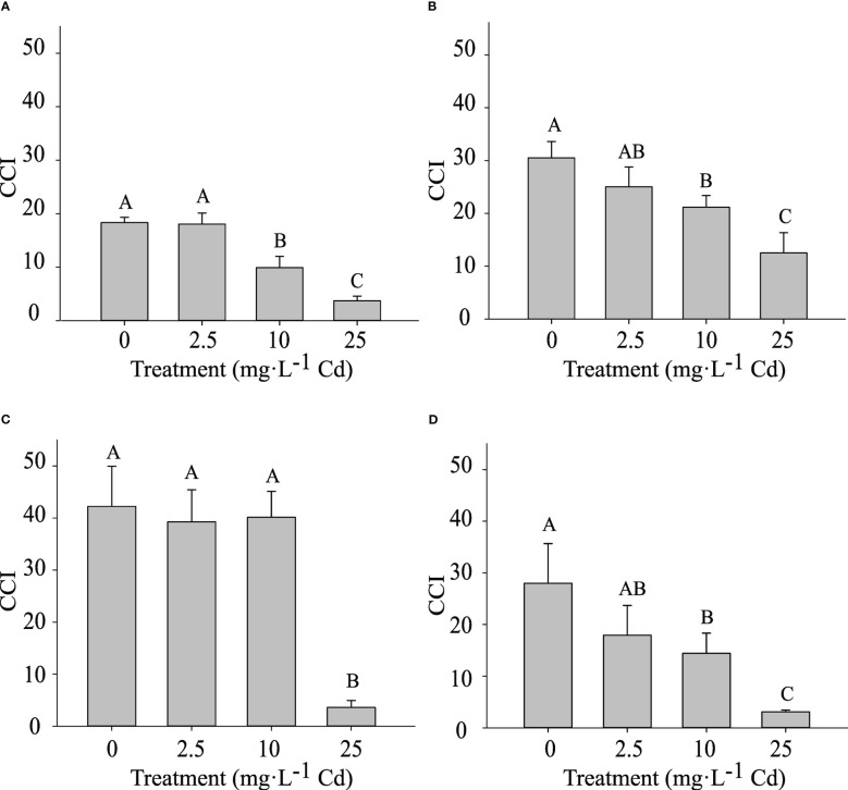 Chlorophyll Content Index (CCI) ± SE in in hemp (Cannabis sativa L.) ‘Purple Tiger’ experiment 1 at 14 d after treatment (DAT) (A) and 45 DAT (C) and CCI in experiment 2 at 14 DAT (B) and 45 DAT (D). Bars associated with the same letter(s) are not significantly different at P ≤ 0.05 according to Tukey’s HSD all pairwise comparison test.