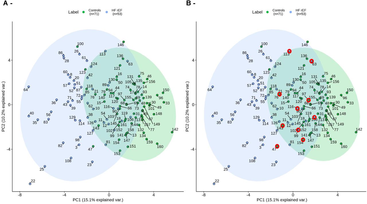 Principal Component Analysis (PCA) of the 124 samples and the 55 variablesPrincipal component analysis (PCA) of 124 samples (71 controls, 53 HF patients) using 55 variables adjusted for age and sex. Controls are identified in green, and HF patients in blue. A: Quality control using. B: PCA highlighting XGBoost misclassified samples across three seeds and 5-CV. Abbreviations: HFrEF = heart failure with reduced ejection fraction, var = variance.