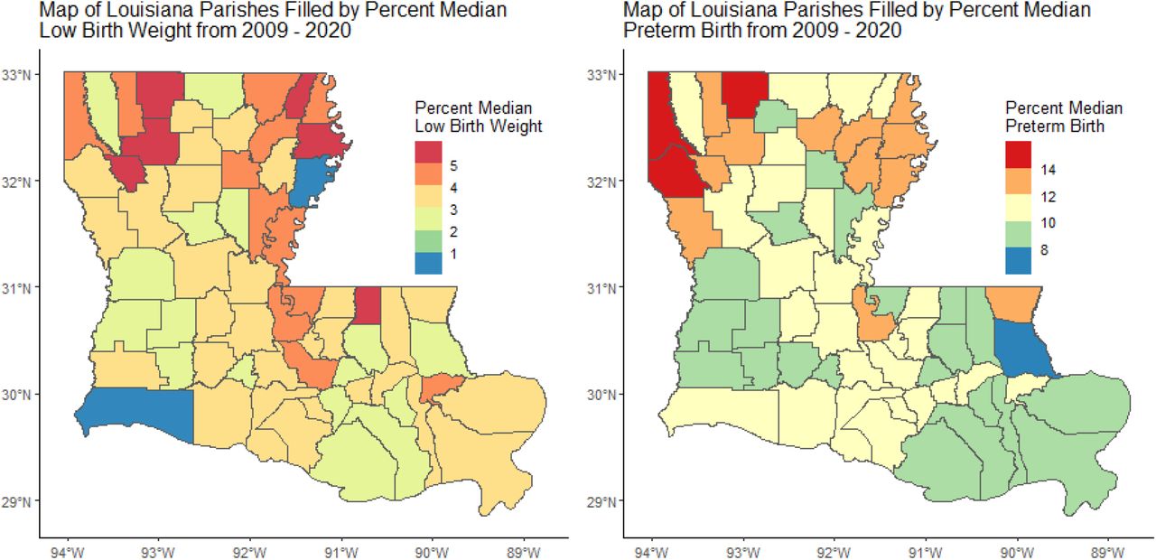 Chloropleth maps of median percentage LBW and PTB, respectively by Louisiana parish. The median was calculated from the distribution of each Parish shown in Figure 2.