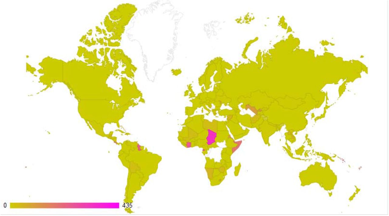 This is the ratio between the foreign use of a given country’s DSI (nominator) and the domestic use of a country’s DSI. Green is a balanced use of DSI between foreign and domestic DSI. Pink is an indication of strong foreign use of DSI with less domestic use. An interactive chart is available on the web platform under graph 3.4.
