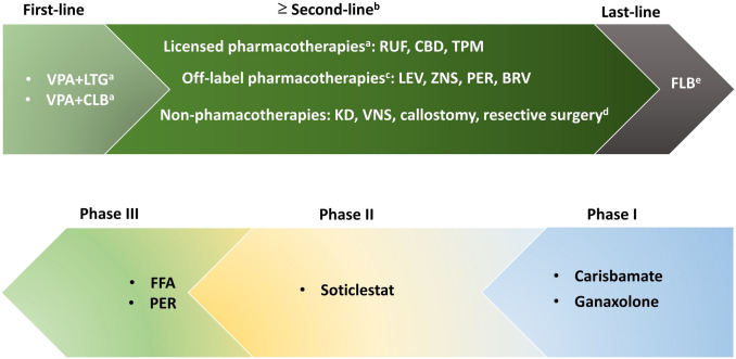 Current and future treatment of Lennox-Gastaut syndrome (LGS). Adapted from Cross et al. [2] and Crespel et al. [1]. aLicensed in the US; see Table 1 for approvals in the EU; not all therapies are available in all countries/regions. bThe decision should be individualised and consider different disease symptoms, treatment toxicity profiles, previous treatment, caregiver/patient preferences and country availability. cLimited evidence, based on cohort studies. dIn carefully selected patients. eLast line due to risk of fatal aplastic anaemia and hepatic failure; limited availability (not approved by the European Medicines Agency). BRV brivaracetam, CBD cannabidiol, CLB clobazam, FFA fenfluramine, FLB felbamate, KD ketogenic diet, LEV levetiracetam, LTG lamotrigine, PER perampanel, RUF rufinamide, TPM topiramate, VNS vagus nerve stimulation, VPA valproate, ZNS zonisamide