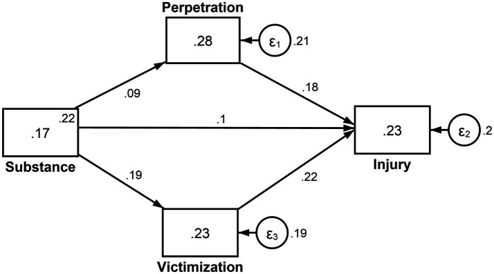 Mediation effect of perpetration of and victimization by interpersonal violence on the association between substance use and injuries.