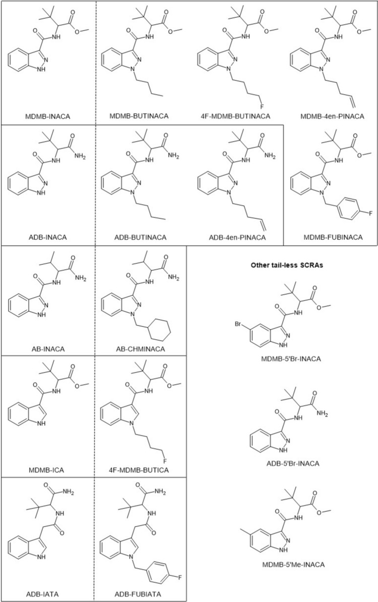 Chemical structures of the tail-less precursors and corresponding final SCRAs detected in this study