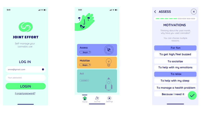 Screenshots from the Joint Effort mobile app.