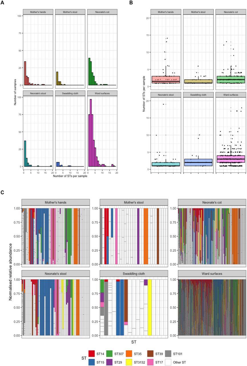 A) Distribution of K. pneumoniae groupings by mSWEEP for different sample types. B) Boxplots of K. pneumoniae groupings by mSWEEP for different sample tyeps. C) Normalised relative abundance of different K. pneumoniae STs per sample for different sample types. The vertical bars represent different samples and the colours represent different STs.