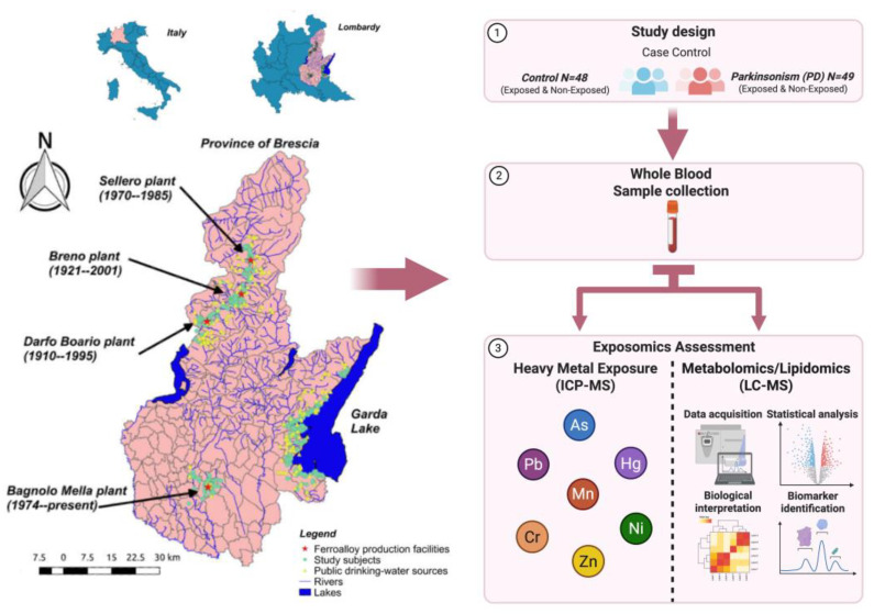 Study design and geographic overview of the Parkinsonism case–control population in the Province of Brescia, Italy.
