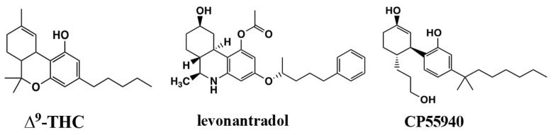 Classical cannabinoids Δ9-tetrahydrocannabinol (THC) and levonantradol and non-classical A,C-bicyclic cannabinoid CP55940.