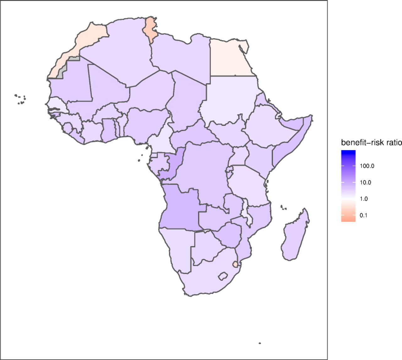 Scenario of measles-only vaccination impact during the COVID-19 pandemic.The number of vaccine preventable future deaths averted before completing five years of age by sustaining routine childhood vaccination of DTP, HepB, Hib, PCV, RotaC, MCV, RCV, MenA and YFV per COVID-19 death attributable to excess SARS-CoV-2 infections acquired through visiting routine vaccination service delivery points. We consider a small chance (12.5%) of measles outbreaks while no other vaccine preventable disease outbreaks take place due to herd immunity.* Grey colour indicates missing data. We take a neutral position with respect to territorial claims in the maps.