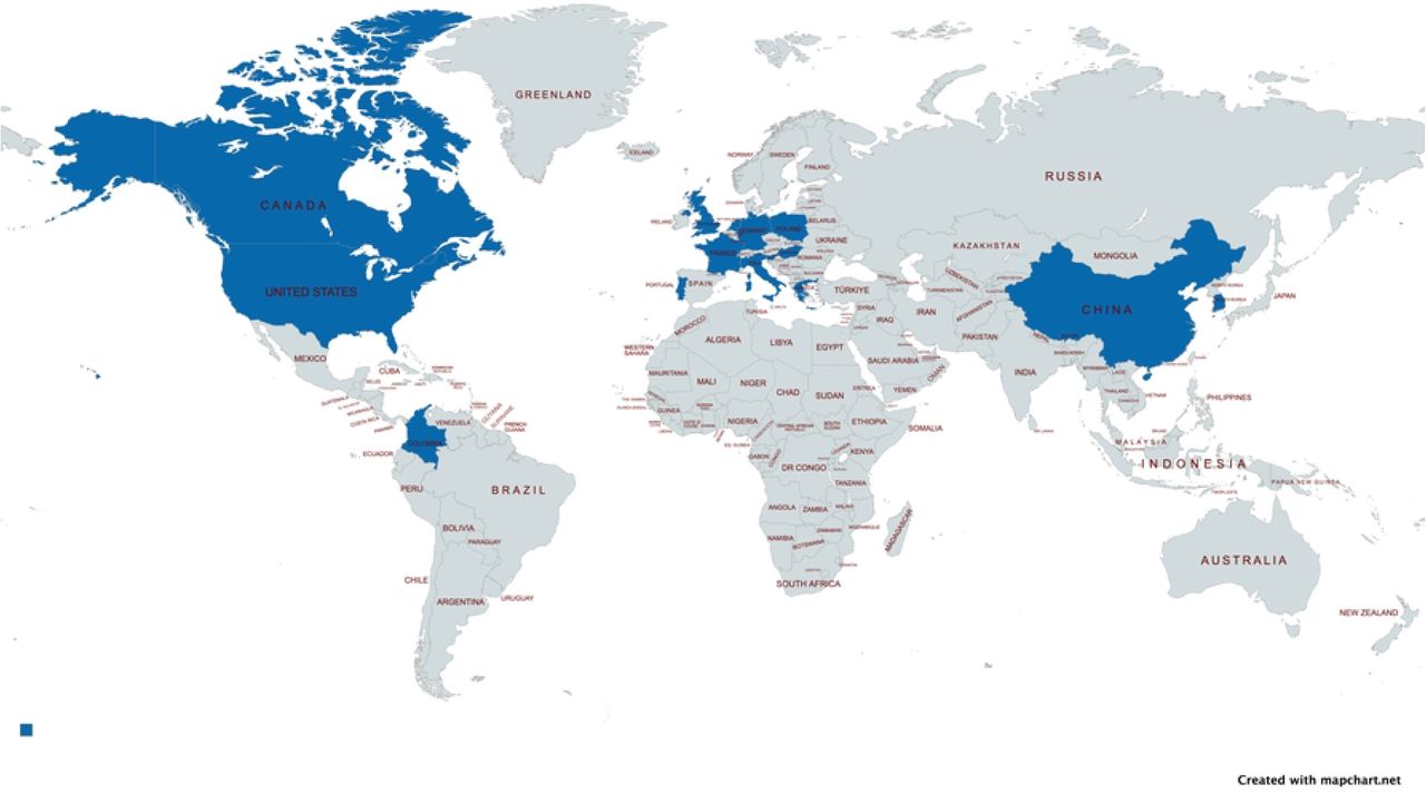 Countries Reporting Genome Sequences of the genus Alphanecrovirus.This world map illustrates countries where Alphanecrovirus genome sequences isolated from infected plants have been reported. Countries with viral genome references documented in GenBank are highlighted in blue. Remarkably, Colombia is the first tropical country to report naturally infected plants, and it also marks the first report of natural infection in a Cannabis hemp plant.