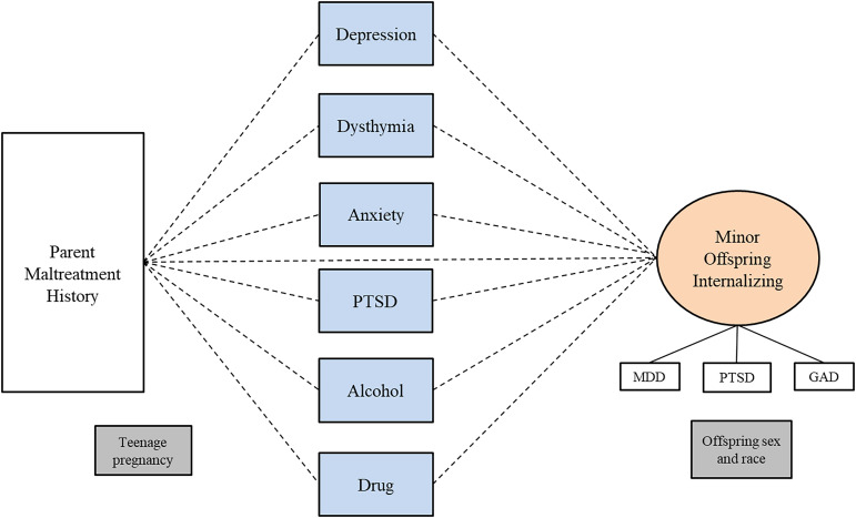Results of structural equation models testing whether parent individual symptoms mediate the relationship between childhood maltreatment and minor offspring internalizing psychopathology. Note. Rectangles represent observed variables; ovals represent latent variables on which psychopathology scores have been regressed. Teenage pregnancy was controlled for on the paths leading to parent psychopathology. Offspring sex and race were controlled for on paths leading to the outcome variables. Model fit indices were poor; therefore, we did not interpret the p-values for each path.