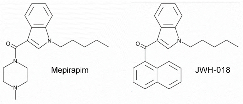 Chemical structures of Mepirapim and JWH-018.