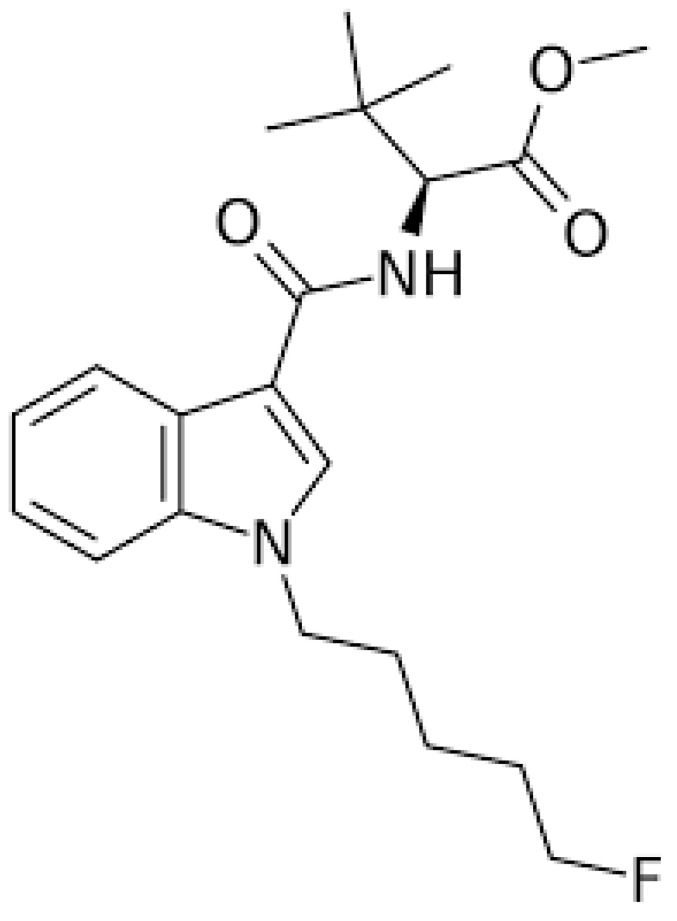 The Chemical Structure of 5F-MDMB-PICA. methyl 2-(1-(5-fluoropentyl)-1H-indole-3-carboxamido)-3,3-dimethylbutanoate.