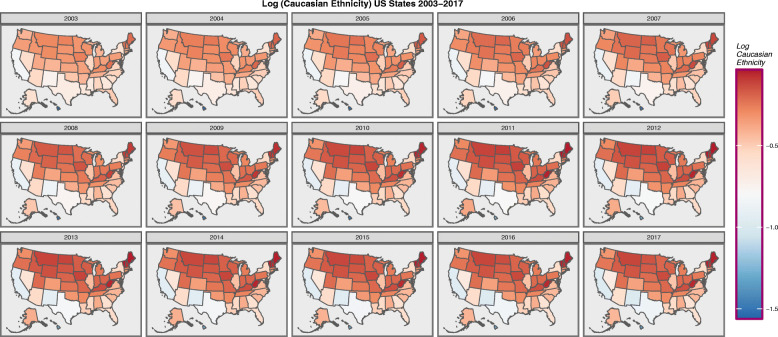 Choropleth map of log(Caucasian-American Population) across USA by Year. Maps were drawn in ggplot2, sf and RColorBrewer