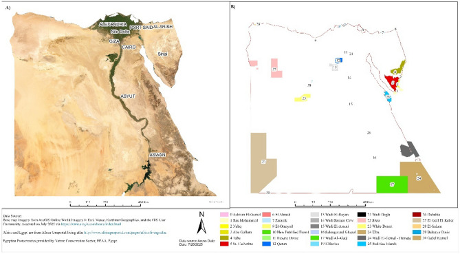 Study-site map showing satellite base imagery for Egypt (A), while panel (B) is showing the location of the Egyptian protectorates. GIS data were accessed in July 2025, and the map was produced in ArcGIS Pro (version 3.5.2).