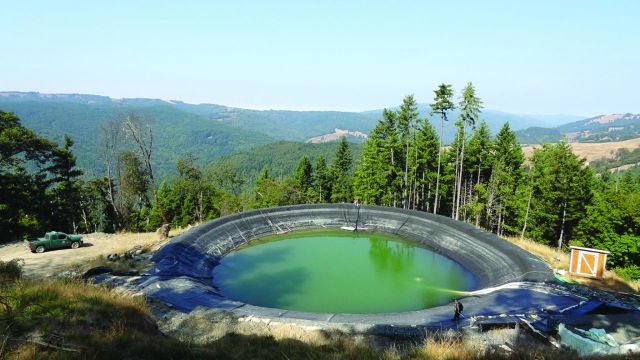 An illegally constructed pond and water diversion associated with a marijuana cultivation site in northern California. Photograph: Scott Bauer.