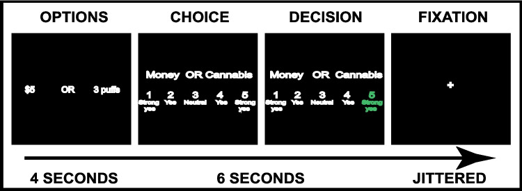 Schematic of fMRI Choice task. Each run consisted of 35 choices between 0–6 puffs/snacks and a fixed monetary alternative (set to the indifference point for 3 puffs/3 snacks estimated during the behavioral choice task). First, there was an Options screen for 4s, when the cannabis/snack and monetary options were presented; then a Choice screen, which required a response on a scale of 1–5, where 1 = strong yes for option on the left, 2 = yes for option on the left, 3 = neutral, 4 = yes for option on the right and 5 = strong yes for option on the right; then a Decision screen, which highlighted the participant’s choice; then a jittered inter-trial-interval (ITI). The left and right positioning of the puffs/snacks and money were equally distributed. The order of the trials within each run was randomized