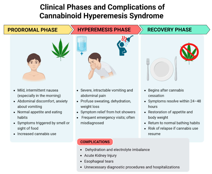 Clinical phases and complications of cannabinoid hyperemesis syndrome—created in BioRender. Pietrantoni, C. (2025) https://BioRender.com/bq3w7xu (accessed on 1 July 2025).
