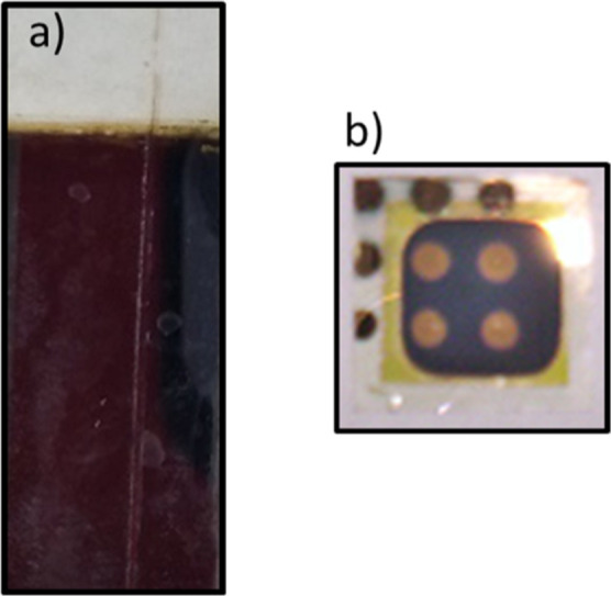 Photographs corresponding to (a) PbS/sodalime-glass and (b) diodic bilayer PbS/CdS/sodalime-glass on the base of the thermally annealed system.