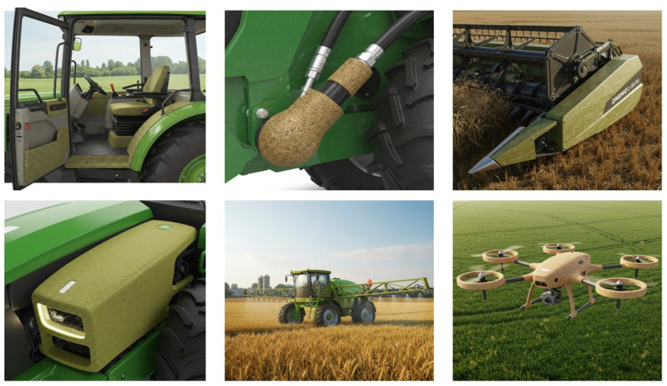 Examples of agricultural machinery and equipment incorporating components made from fully bio-based composites.