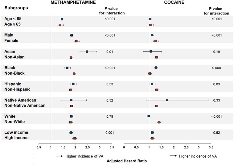 Adjusted risk of ventricular arrhythmias associated with methamphetamine and cocaine use across sociodemographic groups. Hazard ratio with 95% confidence interval, adjusted for demographics (age, sex, race, and ethnicity), insurance status, level of income, substance use (methamphetamine, cocaine, cannabis, opioid), tobacco smoking, alcohol abuse, and co-morbidities (hypertension, diabetes, dyslipidaemia, heart failure, chronic kidney disease, coronary artery disease, peripheral artery disease, ischaemic stroke). Ventricular arrhythmias combine ventricular tachycardia, ventricular fibrillation, and cardiac arrest. Comparators in race and ethnicity assessments include all patients not of that race and ethnicity