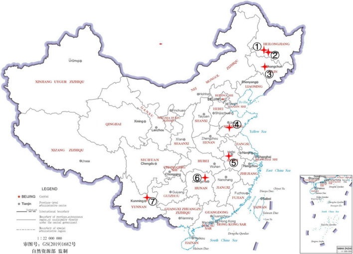 Collection localities for Psylliodes attenuata. The map was downloaded from http://bzdt.ch.mnr.gov.cn. The locations of sampling sites are noted with numbers and red cross on the map. The details of P. attenuata collections were shown in Table 1.