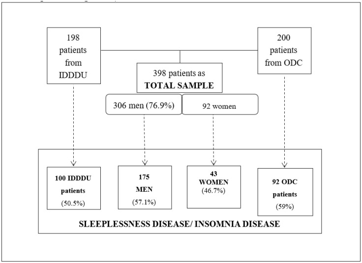 Flowchart of gender and origin characteristics from the sample. Abbreviations; IDDDU: Inpatient Dual Diagnoses Detoxification Unit; ODC: Outpatient Drug Clinic.