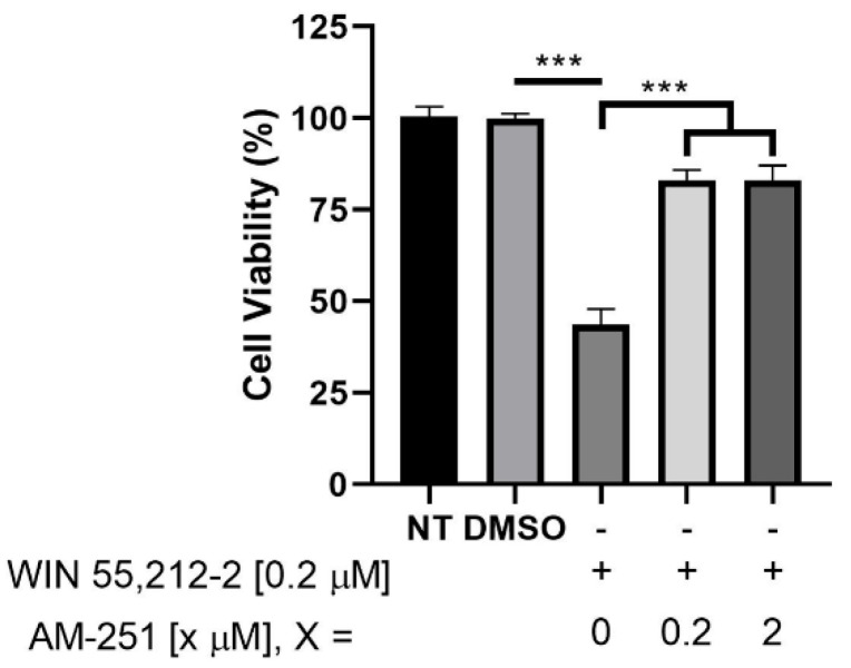 Cell viability experiments over glioblastoma cells (U87MG) between WIN-55212-2, at a predetermined concentration of 0.2 μM, and increasing concentrations of the CB1 inverse agonist/antagonist AM251. The toxic effect of WIN-55212-2 could be due to its cannabinoid agonist effect, since the toxicity ceases when the AM251 antagonist is used. NT = untreated cell control; DMSO = solvent vehicle control. Statistically significant differences are indicated *** p < 0.001.