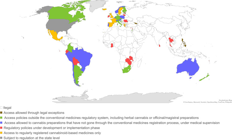 Legal status of medical cannabis and cannabis-based pharmaceutical products around the world. The classification is based on data obtained from October 2020 to March 2021. The sources of the original information regarding the assessed models are listed in the supplementary material