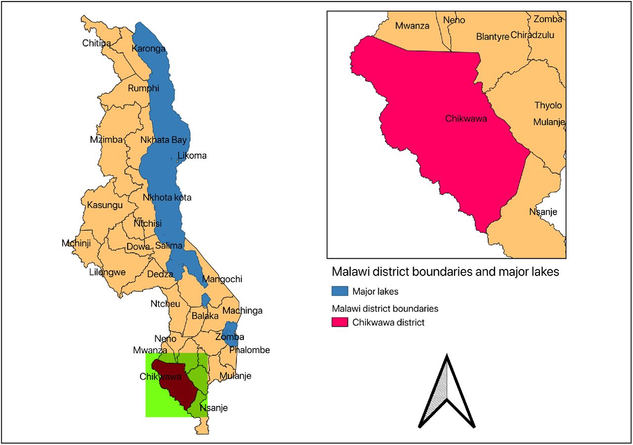 Districts in Malawi. Inset map highlights Chikwawa district, the study area.