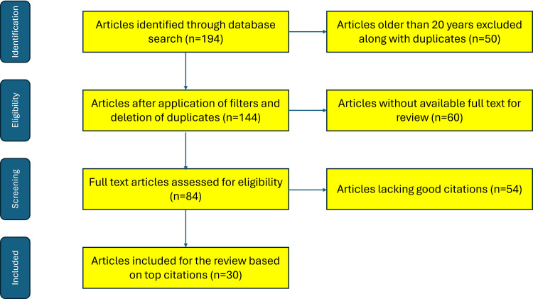 PRISMA flow diagram showing the methodology of literature review for the present articlePRISMA: Preferred Reporting Items for Systematic Reviews and Meta-AnalysesThe figure was created by the authors.