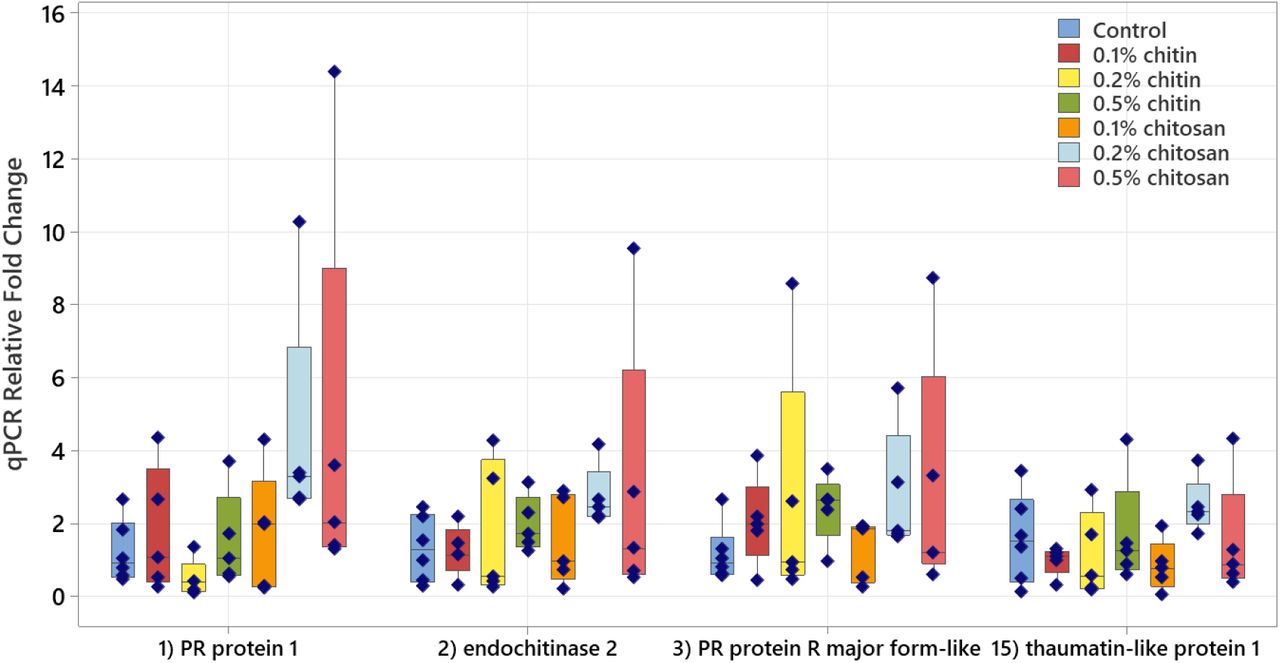 Relative transcript levels of four defense-related genes, encoding PR protein 1, endochitinase 2, PR protein R major form-like and thaumatin-like protein 1, measured from root tissues of chitin and chitosan treatments as normalized to control within five biological replicates.