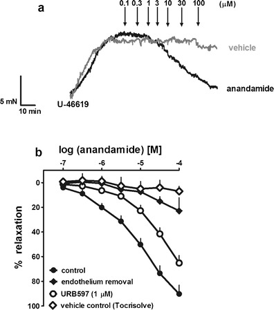 Representative original traces of the effects of anandamide and its vehicle (Tocrisolve) (a) and influence of endothelium removal and URB597 on the relaxant effect of anandamide in the human pulmonary artery (b). a The experiments were performed in separate vessels obtained from the same patient. The arrows indicate the application of the particular concentrations of anandamide or of its vehicle. b The results are expressed as the percentage relaxation of the isometric contraction induced by U-46619. The effects of Tocrisolve (0.001–1.0 % v/v; vehicle of anandamide) are shown as well. The mean ± SEM of 3–21 tissues for each curve is presented. The SEM is smaller than or equal to the size of the symbols in few cases