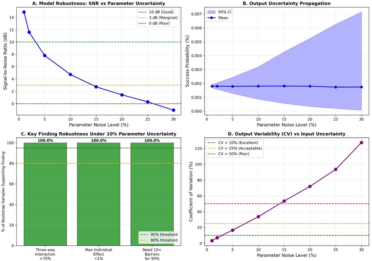Robustness of model findings under parameter uncertainty.a) Signal-to-noise ratio (SNR) as a function of parameter noise level; SNR remains positive (>0 dB) up to approximately 25% noise. b) Output uncertainty propagation showing mean success probability and 95% confidence interval across noise levels. c) Bootstrap robustness showing percentage of 1,000 resamples supporting each key finding at ± 10% perturbation; all findings achieve 100% robustness. d) Coefficient of variation (CV) of output as a function of input uncertainty, with quality thresholds indicated.
