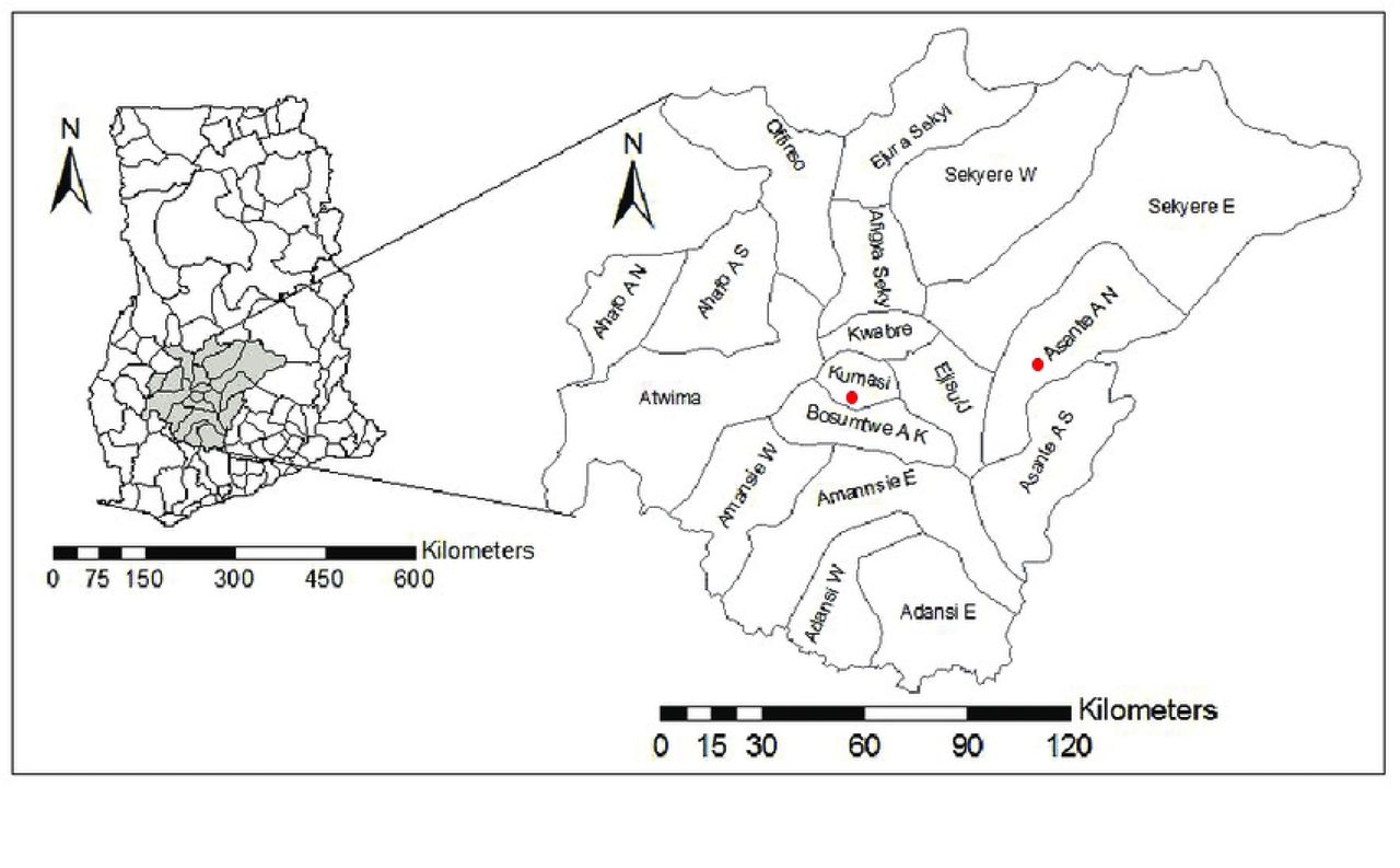 Map of Ashanti region, Ghana, indicating SETA study sites.