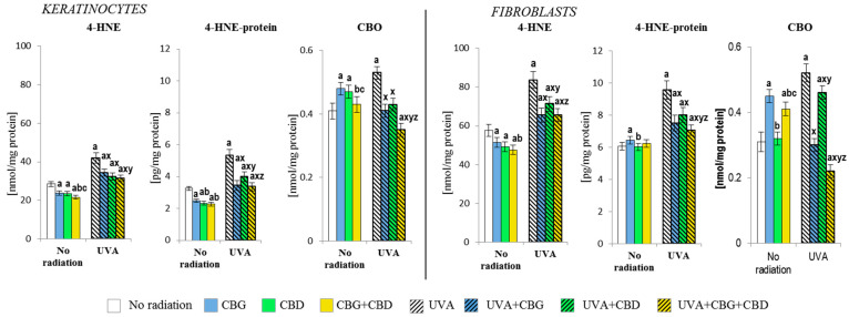 Effects of cannabigerol (CBG) (1 µM) or/and cannabidiol (CBD) (5 µM) on 4-hydroxynonenal (4-HNE) and 4-hydroxynonenal-protein (4-HNE-protein) generation, and the level of carbonyl group (CBO) in keratinocytes and fibroblasts exposed to UVA radiation (30 J/cm2 and 20 J/cm2, respectively). The mean values ± SD of five independent experiments are presented. The statistically significant differences in keratinocytes and fibroblasts are expressed as follows: a—indicates a comparison to the control group; p ≤ 0.05; b—indicates a comparison to the CBG group; p ≤ 0.05; c—indicates a comparison to the CBD group; p ≤ 0.05; x—indicates a comparison to the UVA radiation; p ≤ 0.05; y—indicates a comparison to the UVA+CBG (only in UVA part); p ≤ 0.05; z—indicates a comparison to the UVA+CBD; p ≤ 0.05.