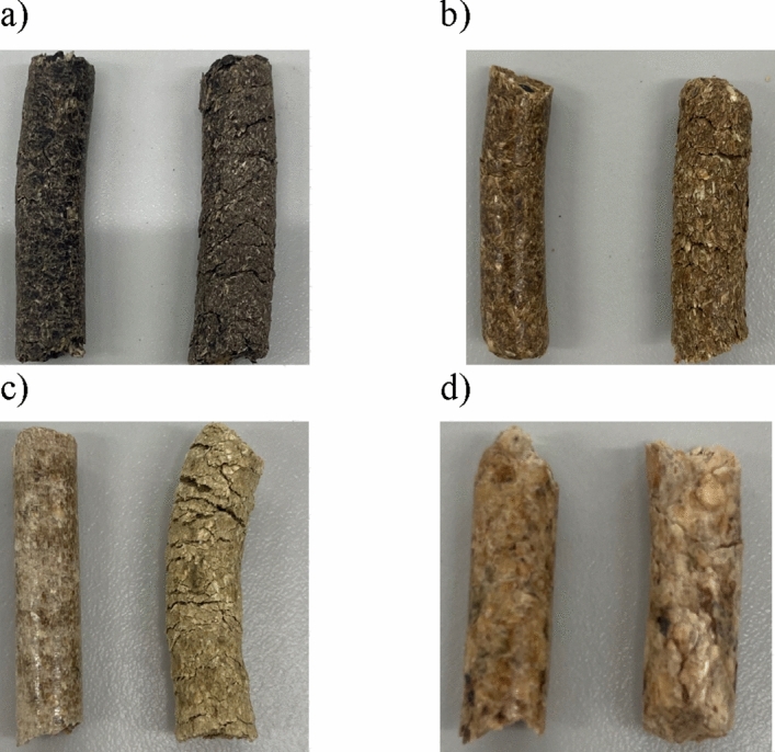 Pellets before (left side) and after artificial degradation in climatic chamber (right side: (a) Pellet A; (b) Pellet B; (c) Pellet C; (d) Pellet D.