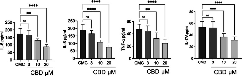 Evaluation of the anti‐inflammatory activity of cannabidiol (CBD) at increasing concentrations (3, 10 and 20 µM) on the secretion of pro‐inflammatory cytokines interleukin (IL)‐6, IL‐8, tumour necrosis factor‐alpha (TNF‐α) and IL‐17A released in the supernatant expressed in pg/mL by enzyme‐linked immunosorbent assay (ELISA) test. The data are presented as mean ± standard error of the mean (SEM). Statistical significance versus control: ** p < 0.01; *** p < 0.001; **** p < 0.0001; ns = not significant.