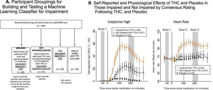 Psychological and physiological measures of participants by impairment and drug status.A Participants were assessed for impairment via an algorithmic approach and a clinical approach into “Impaired” and “Not Clearly Impaired” groupings, which were then used to build and test a classifier for impairment using fNIRS data. B Time course of A self-reported high (0–100 scale to answer the question: “Are you high right now?”, 0 being “Not at all” and 100 being “Extremely”) and B heart rate (beats per minute) were averaged over (1) individuals identified as impaired post-THC by consensus ratings (red triangles), (2) individuals identified as not clearly impaired post-THC by concordant ratings (black triangles), and (3) all individuals post-placebo (filled circles). Impairment status post-THC was determined based on concordant ratings between two rating methods, algorithmic and clinical experts. Error bars are 95% confidence intervals for the mean generated via bootstrap. Gray bars show time windows for the pre-dose (Scan 1) and post-dose (Scans 2 and 3) fNIRS imaging.