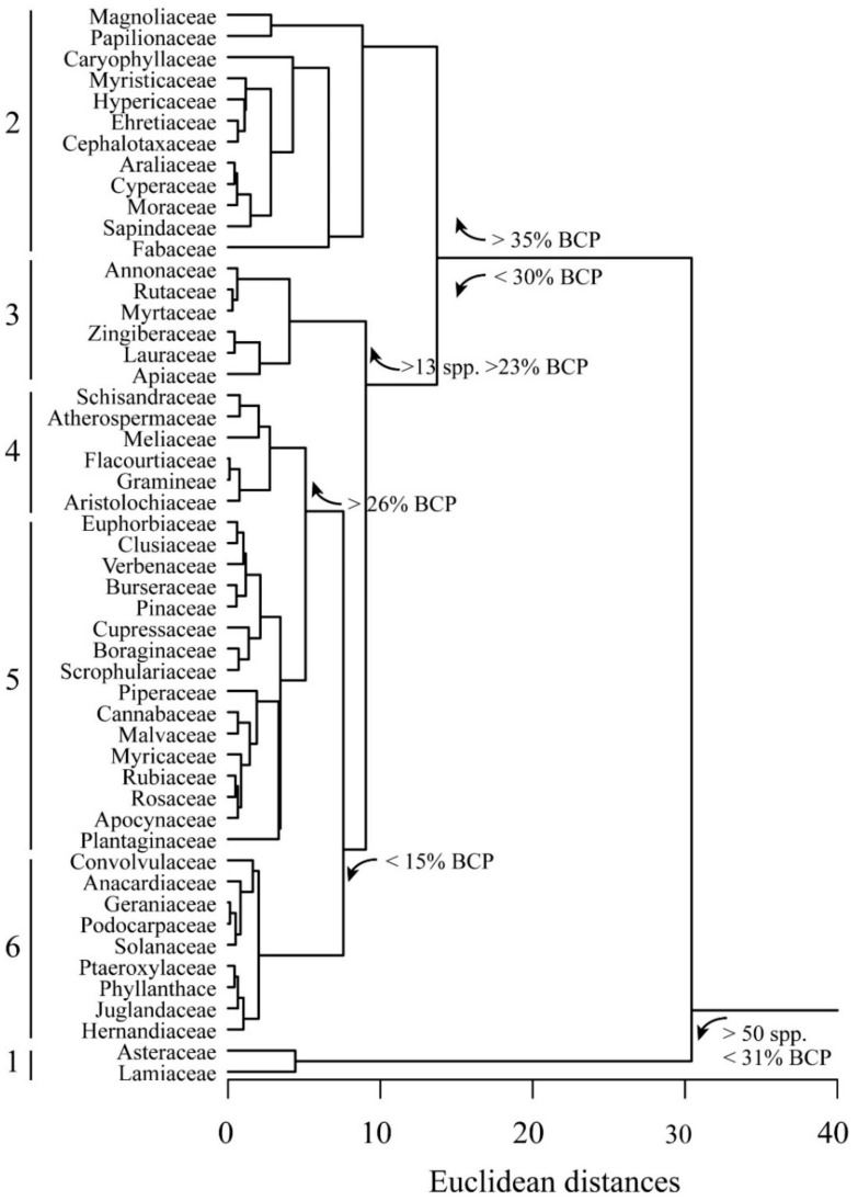 Cluster analysis of BCP and yield percentages according to the plant families. Euclidean distances are calculated with average linkage method. Six clusters are evident (see text for explanation).