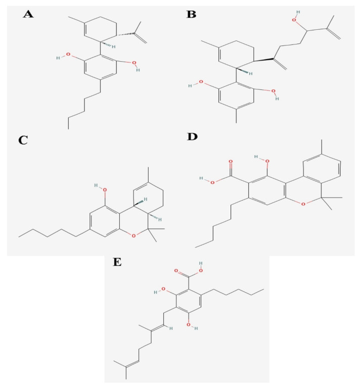 2D structure of identified cannabinoids and derivatives as potential drug candidates of N. gonorrhoeae (A) 1,3-Benzenediol, 2-[3-methyl-6-(1-methylethenyl)-2-cyclohexen-1-yl]-5-pentyl-, (1R-trans)-. (B) Ferruginene C (C) Dronabinol (D) Cannabinolic acid A (CBNA) (E) Cannabigerolic acid (CBGA).