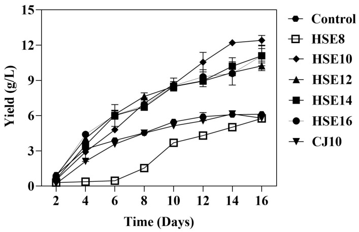 Bacterial cellulose production in static culture for 16 days using different carbon contents of hempseed meal and coconut juice for comparative analysis.