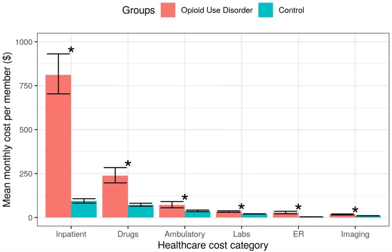 Healthcare cost by service type among members with opioid use disorder compared to controlsLegend: The Y axis indicates mean monthly cost per member and the X axis indicates the healthcare cost category. Red indicates cases with opioid use disorder and blue indicates controls. Error bars indicate the 95% confidence intervals and asterisks denote a category where the cost in the opioid use disorder groups was found to be significantly higher compared to the controls.Abbreviations: ER, emergency room.