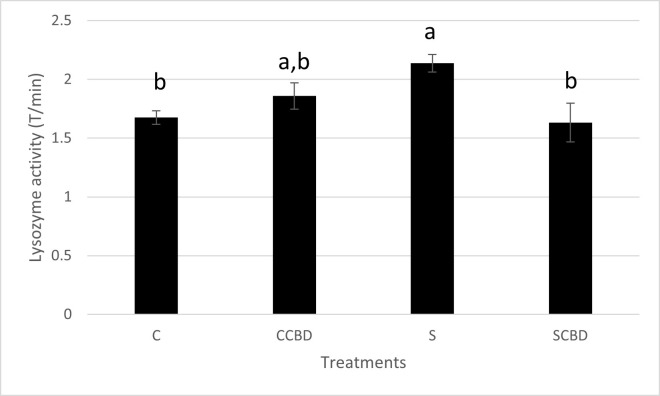Lysozyme activity in Transmittance (T)/ minute of plasma of Nile tilapia fed with four different treatments represented by C (Control feed), CCBD (Control feed with CBD), S (Stress feed = feed with hydrocortisone) and SCBD (Stress feed with CBD = feed with hydrocortisone and CBD) groups.Results are presented as means± SEM. Different letters above the bar between groups denote Significant difference (P<0.05). N = 4, F = 4.613, DF = 3.