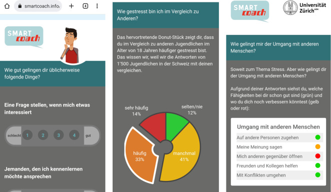 Screenshots from the SmartCoach program (left: assessment of social skills; middle: feedback on level of stress; right: feedback on individual social skills).