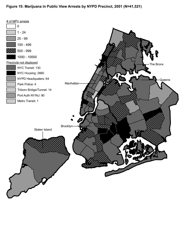 Marijuana in Public View Arrests by NYPD Precinct in 2001 (n = 41,521).