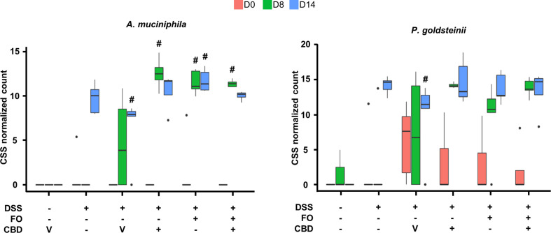Effect of fish oil (20 mg/mouse) and CBD (1 mg/kg), both alone and in combination, both at day 8 and day 14, on the relative abundance of Akkermansia muciniphila and Parabacteroides goldsteinii in faecal samples collected from DSS-treated mice belonging to the same treatments groups as – (Experiment 3). Only the species for which statistically significant differences were observed between DSS-Veh and Veh at day 14 are shown. Data were analyzed by two-way ANOVA followed by Tukey HSD post-hoc tests #, P < 0.05 vs. relevant control of the same day. For F values, please see Supplementary Tables 1.