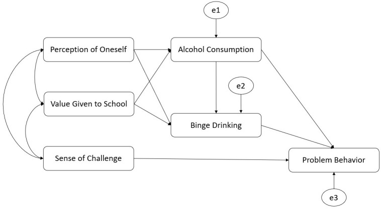 Structural equation model (SEM): aspects of school life, alcohol consumption, binge drinking, and problem behavior.