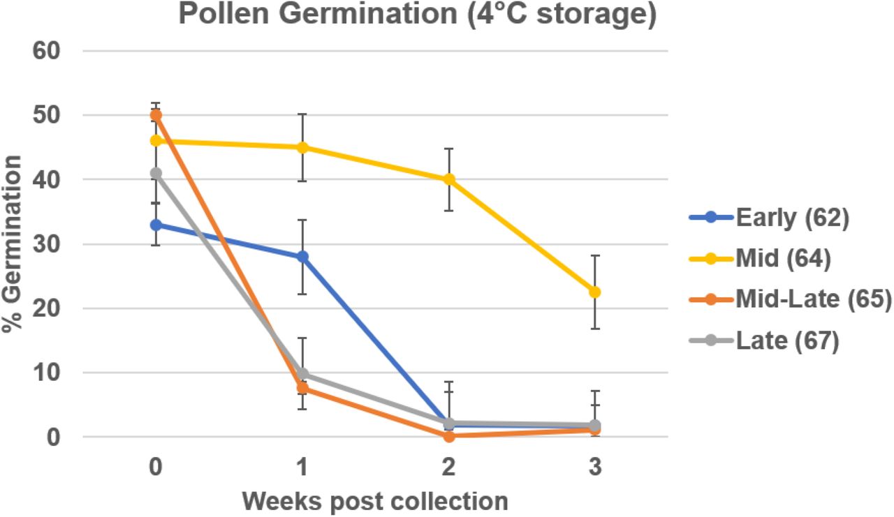 Loss of pollen viability over time. Pollens was harvested from plants at four different developmental time points then stored at 4°C for one to three weeks. Viability was determined via pollen germination assay. Data are shown as average ±SD.
