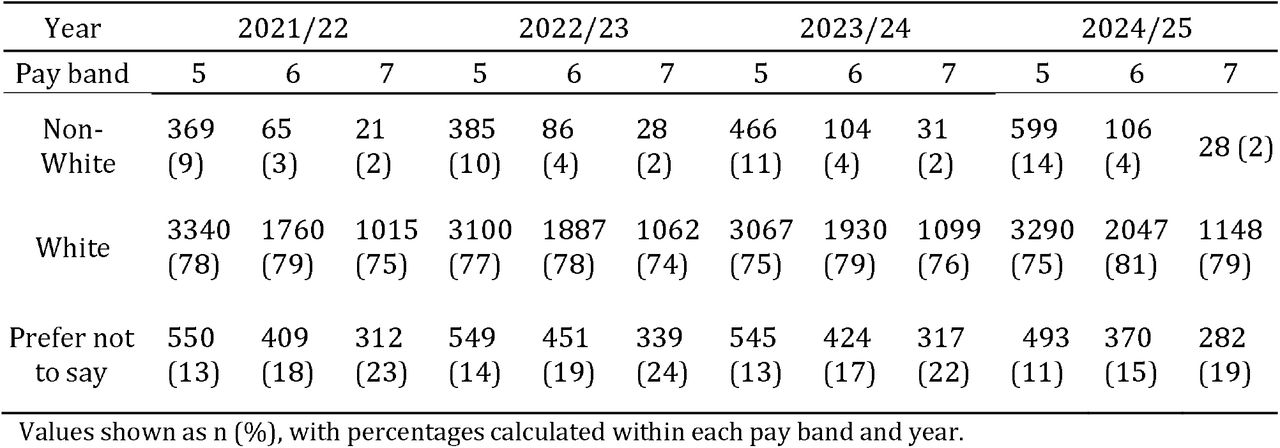 Ethnic distribution of nursing and midwifery staff in post across pay bands.